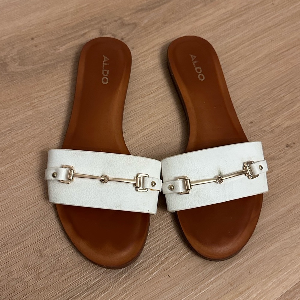 ALDO White Slide Sandals with Gold Chain Accent